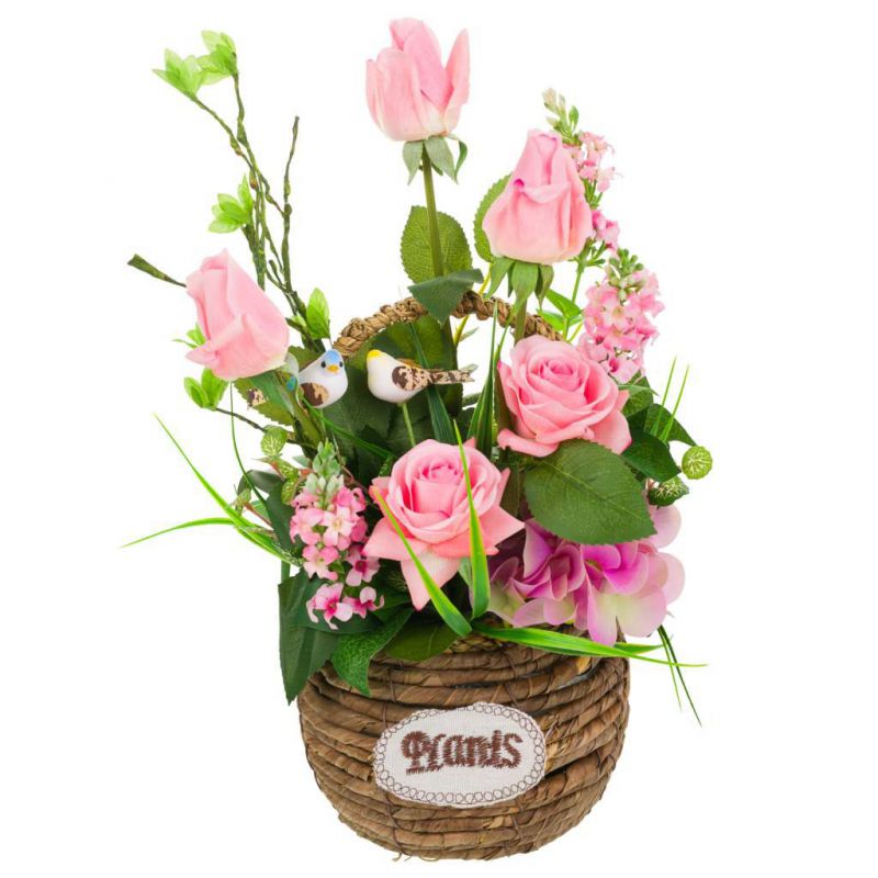 cesta de cuerda con ramo de flores